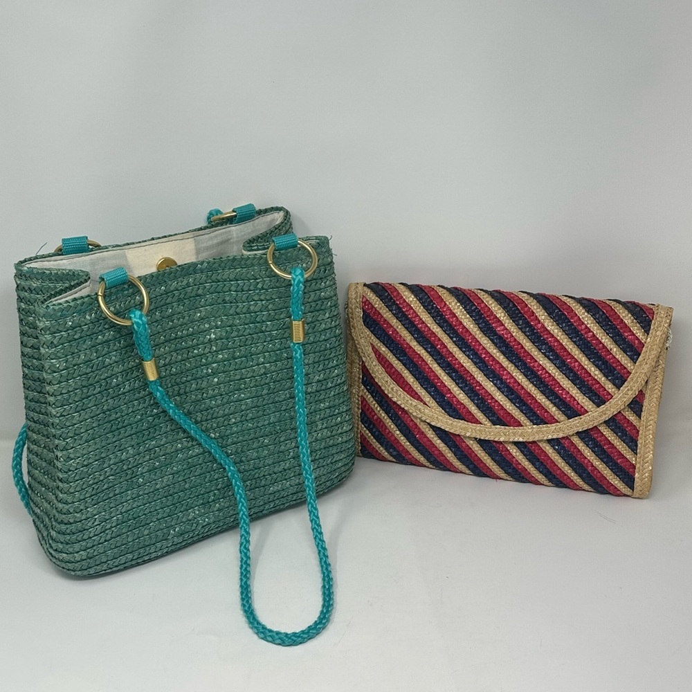 Teal Woven Handbag and Vntg Lesco Multicolor Woven Clutch Set- Bundle Deal